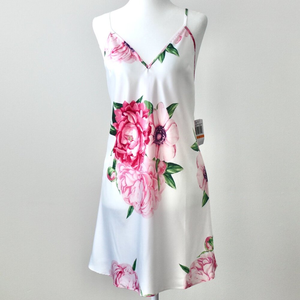 NWT Jezebel by Felina White Pink Satin Crossback Chemise Slip Floral Rose Small